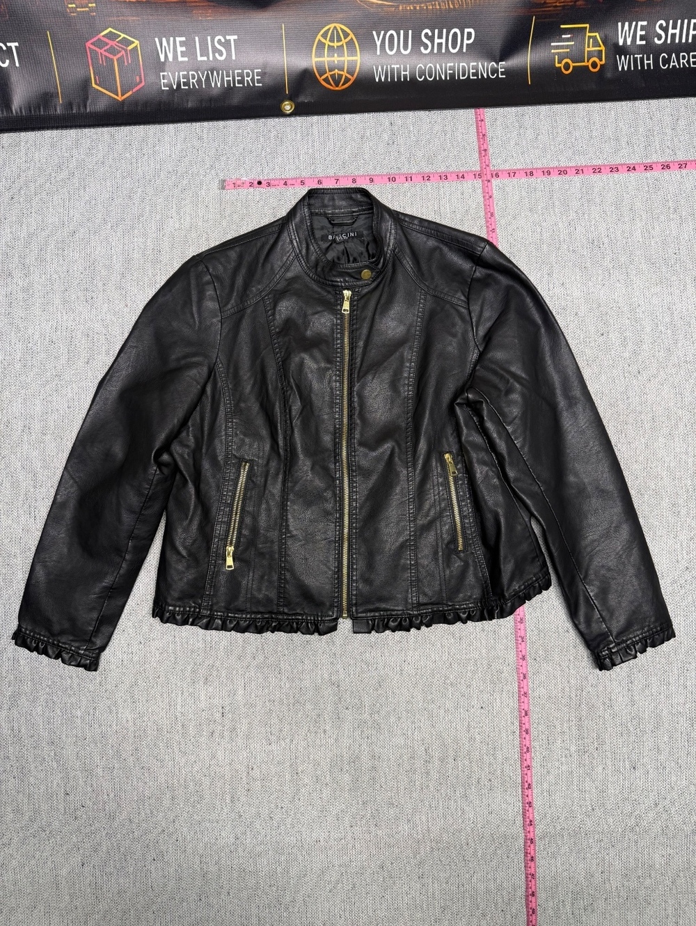Baccini Black Leather Jacket with Gold Zippers - Size PXL